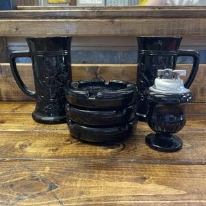 VINTAGE TIARA BLK GLASS SMOKE LIGHTER,  3 ASH TRAYS, 2 MUGS